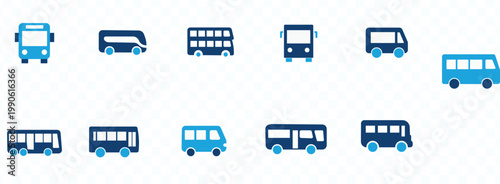 A collection of flat blue bus icons are arranged on a light blue background showcasing various bus designs and perspectives high quality