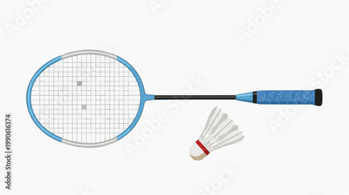 A vector illustration of a blue badminton racket and shuttlecock on a white background