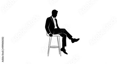 Silhouette of a businessman sitting on a stool against a white background.