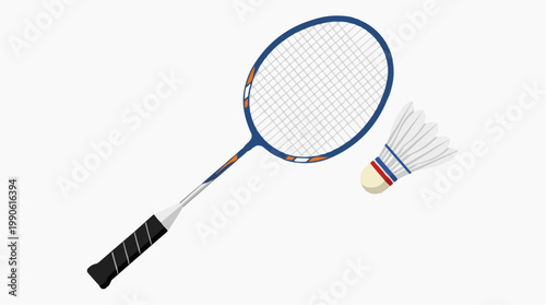 A vector illustration of a blue badminton racket and shuttlecock on a white background