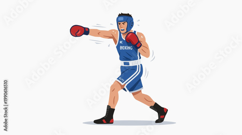 A vector illustration of a boxer in a fighting stance with red gloves and blue uniform