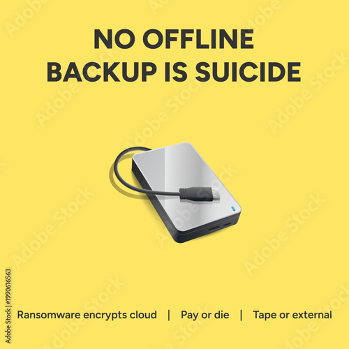 This vector graphic illustration highlights the crucial need for offline data backup solutions, like an external hard drive, to protect against ransomware.