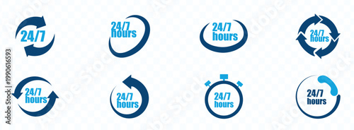 A collection of blue circular icons representing 24 7 hour availability and continuous service emphasizing around the clock support high quality professional