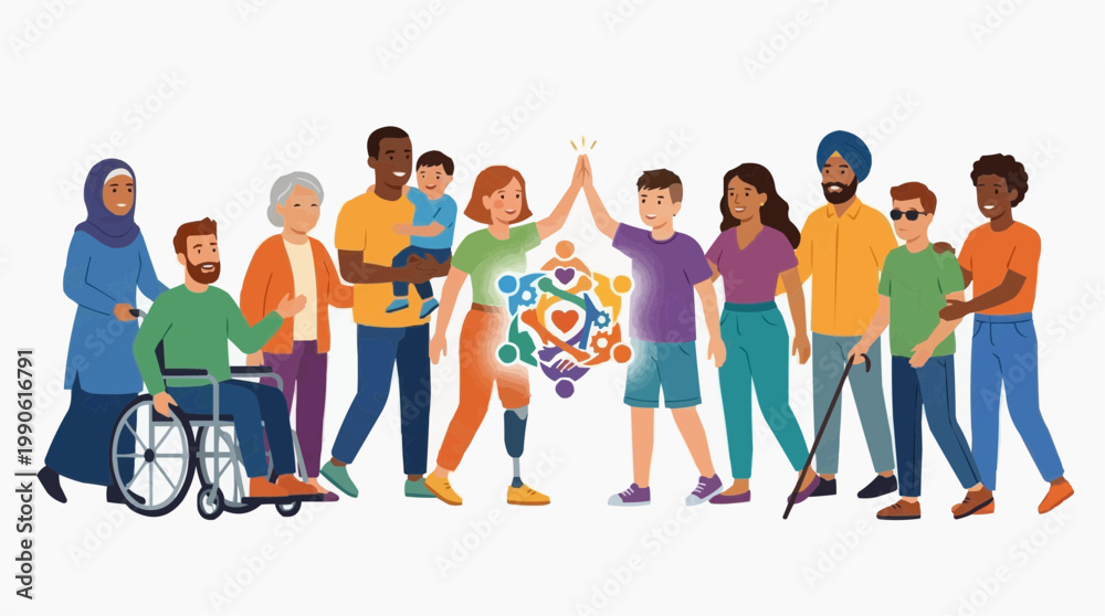 Obraz premium A diverse group of people with disabilities and different ethnicities coming together in unity and support