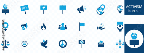 A collection of blue activism icons representing protest social justice equality and civic engagement concepts high quality professional detailed modern elegant stylish