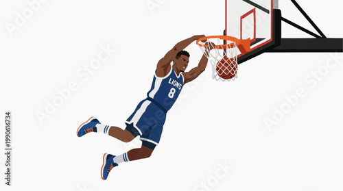 A vector illustration of a basketball player dunking a ball into a hoop with a dynamic motion