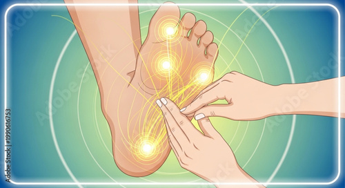 Close up of a human foot sole receiving a therapeutic massage with glowing energy points.
