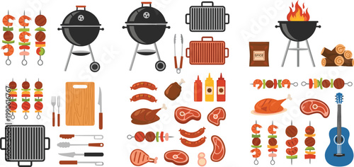 Barbecue Grill and Meat Vector Set with Skewers, Sausages, Steak Cuts, Cooking Tools, and Outdoor BBQ Party Elements for Food Illustration