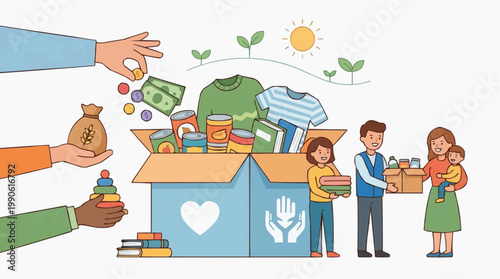 A colorful vector illustration of people donating and receiving goods from a large blue charity box