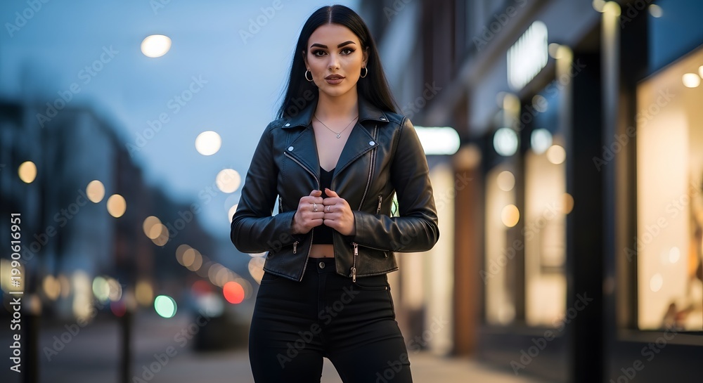 Fototapeta premium Stylish Young Woman in Leather Jacket Posing on City Street at Dusk with Bokeh Lights