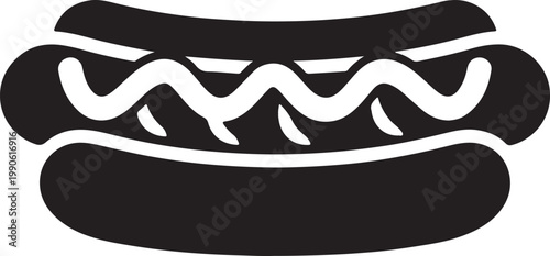 Black hot dog icon with a wavy sauce topping in a bun fast food street food american silhouette barbecue frankfurter delicious celebration