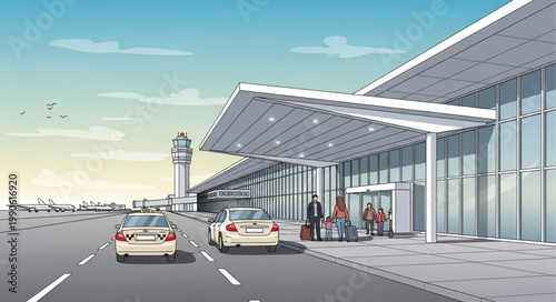 Modern Airport Terminal Building with Cars and Control Tower.