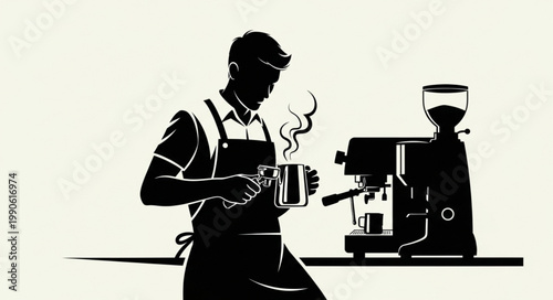 Barista making coffee with espresso machine and milk steamer silhouette.