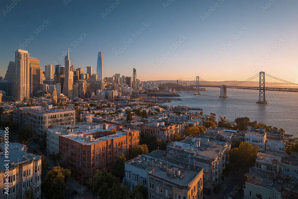 Fototapeta premium Panoramic city skyline with tall buildings and large suspension bridge over water during sunset, showcasing urban architecture and peaceful waterfront views in warm light