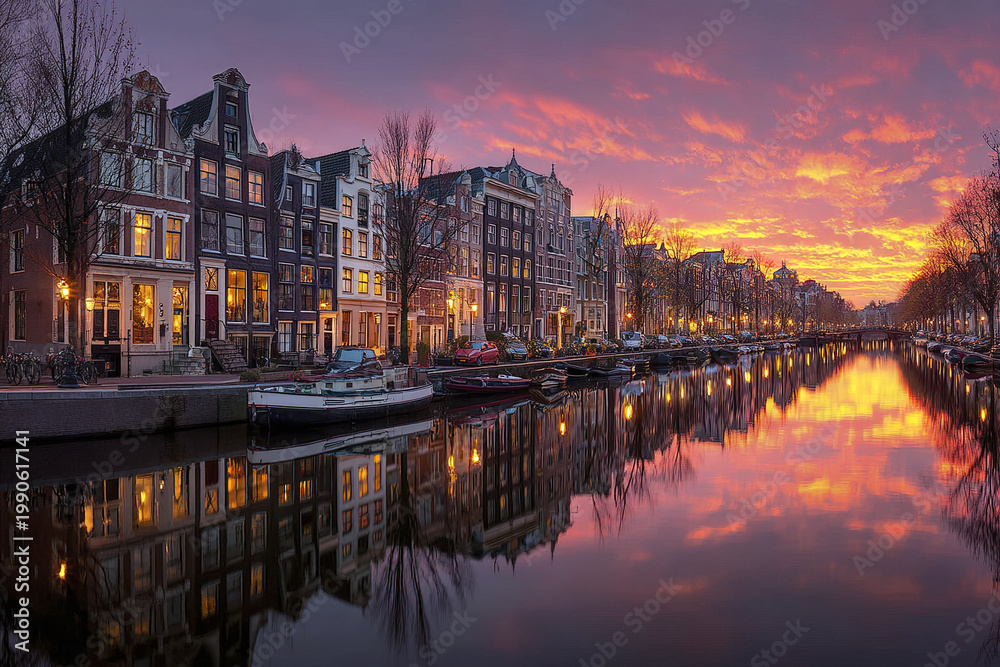 Fototapeta premium Sunset over canal with historic buildings and boats reflecting on calm water in charming cityscape with warm lights glowing in windows and street lamps