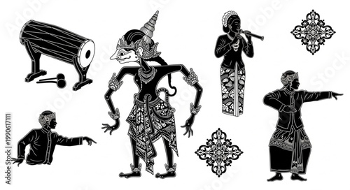Traditional Indonesian Wayang Kulit Shadow Puppets and Gamelan Instruments.