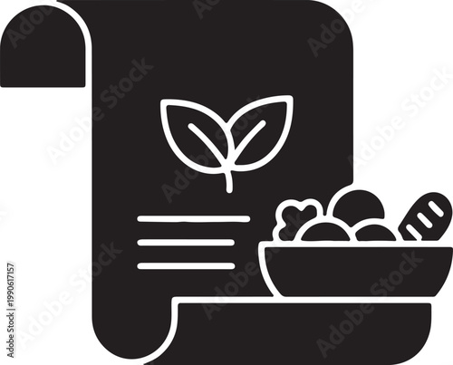 Healthy recipe scroll with green leaves and fresh salad bowl icon plant based meal prep weight loss vegetables nutrition vegetarian ingredients lifestyle wellness document culinary