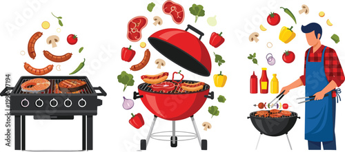 Barbecue Grill Cooking Set with Man Grilling Meat and Vegetables Outdoor BBQ Party Food Preparation Flat Vector Illustration Collection