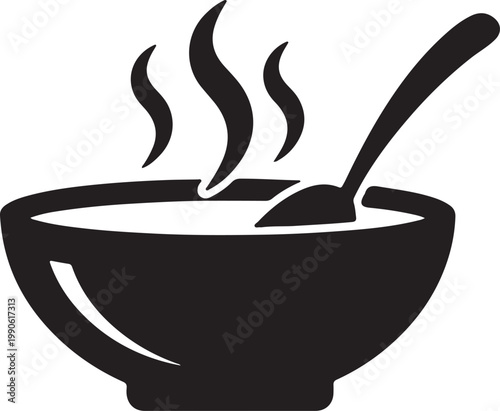 Steaming bowl of hot soup with spoon icon breakfast ingredient restaurant illustration silhouette minimalist nutrition delicious prepared