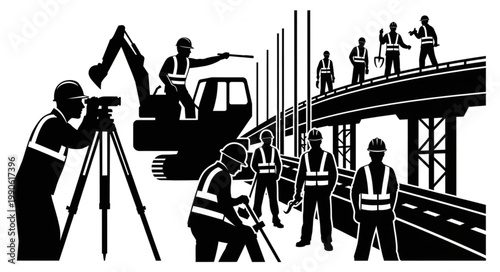 Construction workers building a bridge with heavy machinery and surveying equipment.