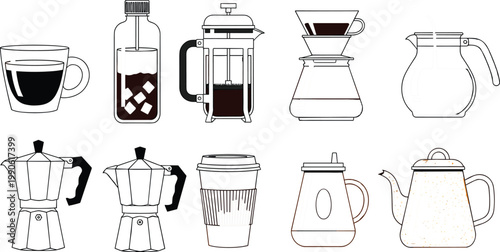 Coffee Brewer and Equipment Outline Vector Icon Set with French Press, Moka Pot, Dripper, Carafe, Cold Brew, Kettle, and Takeaway Cup for Cafe and Barista Design