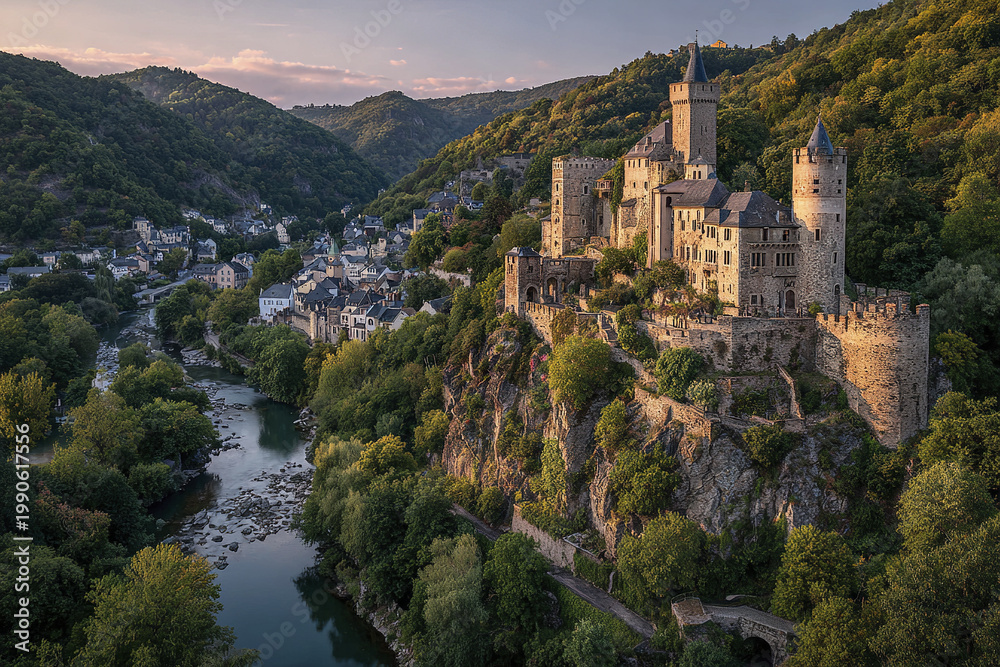 Fototapeta premium Medieval stone castle perched on rocky hill surrounded by lush green forest and river flowing through peaceful village in scenic valley at sunset