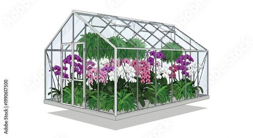 Greenhouse with colorful orchids and plants inside