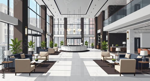 Фотография Modern Hotel Lobby Interior Design with High Ceilings and Natural Light