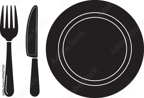 Dinner plate with fork and knife cutlery set icon dinnerware tableware restaurant dishware breakfast porcelain illustration silhouette minimalist catering domestic celebration