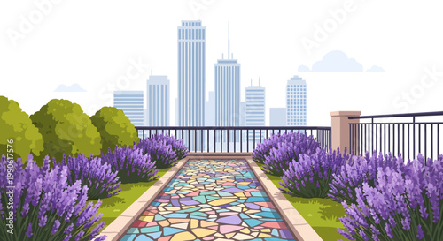 colorful city garden with purple flowers and paved walkway