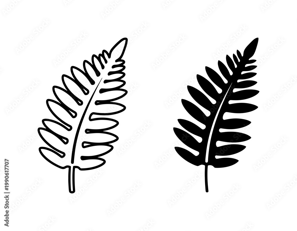 Fototapeta premium Minimalist Fern Leaf Outline and Black Silhouette Vector