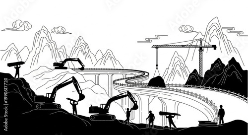 Construction of a bridge in a mountainous landscape with workers and excavators.