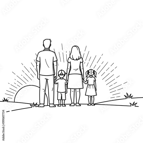 Family standing together looking ahead.