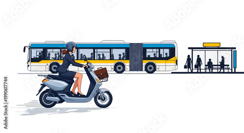 delivery rider on scooter with bus stop and public transportation in background