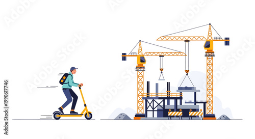 Man riding electric scooter near construction site with cranes