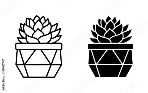 Succulent Plant Icon in Geometric Pot Outline and Silhouette