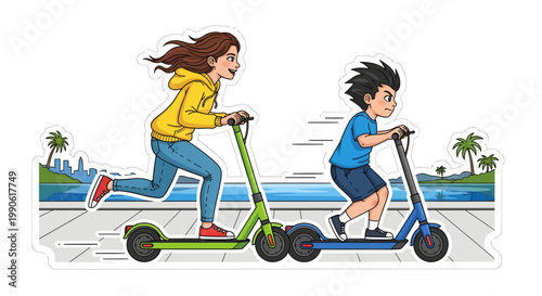 children riding electric scooters on sidewalk fun