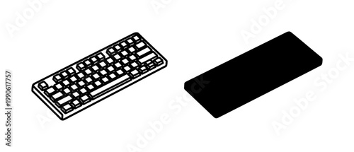 Isometric Computer Keyboard Line Art and Solid Silhouette