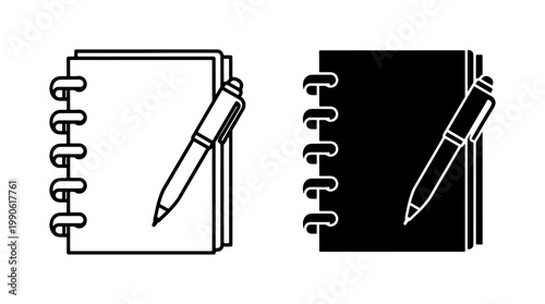 Spiral notebook and pen icon set in outline and solid style