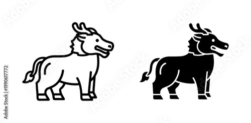 Chinese Kirin Mythical Creature Line and Silhouette Icon Set