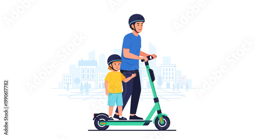 Father and son riding electric scooter together outdoors