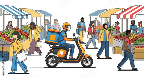 Delivery rider on scooter at outdoor market with people
