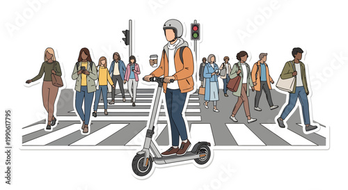Person riding electric scooter on crosswalk with pedestrians