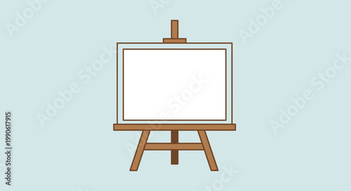 A wooden easel with a blank white canvas stands on a light blue background