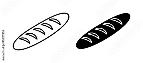 Baguette bread line and silhouette icon set