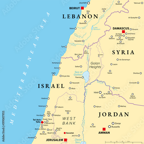Southern Lebanon and northern Israel, political map of disputed areas in the Middle East, including the Golan Heights, and western parts of Syria and Jordan, with borders and largest cities. Vector