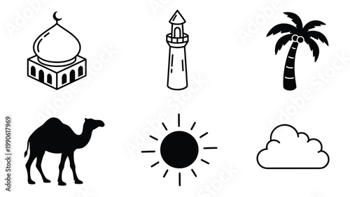 Islamic and Desert Theme Vector Icons Set: Mosque, Minaret, Palm Tree, Camel, Sun, Cloud for Travel & Culture