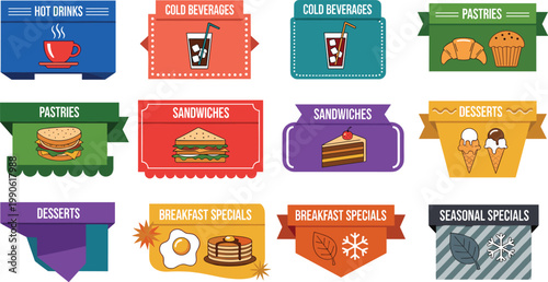 Colorful Cafe and Restaurant Menu Banner Vector Set with Hot Drinks, Cold Beverages, Sandwiches, Pastries, Desserts, and Breakfast Specials for Food Business Design