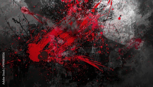 Vivid splatter of red paint on a textured grey surface. The artwork evokes a sense of intensity and raw emotion