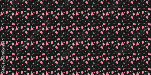 Birthday party repeating pattern with hats and flags on white background. Celebration pattern